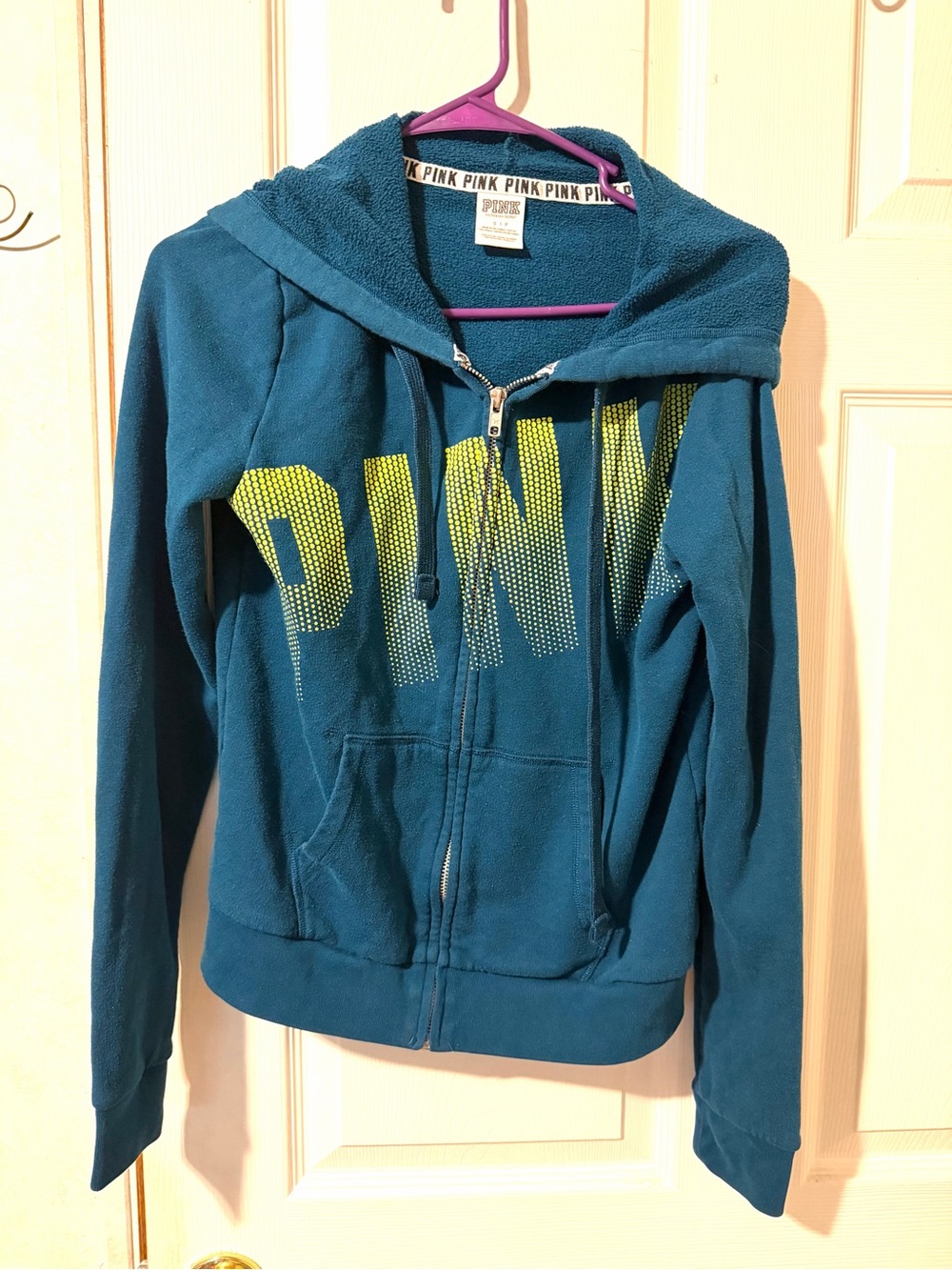 PINK Victoria's Secret Teal Zip-Up Hoodie with Lime Logo